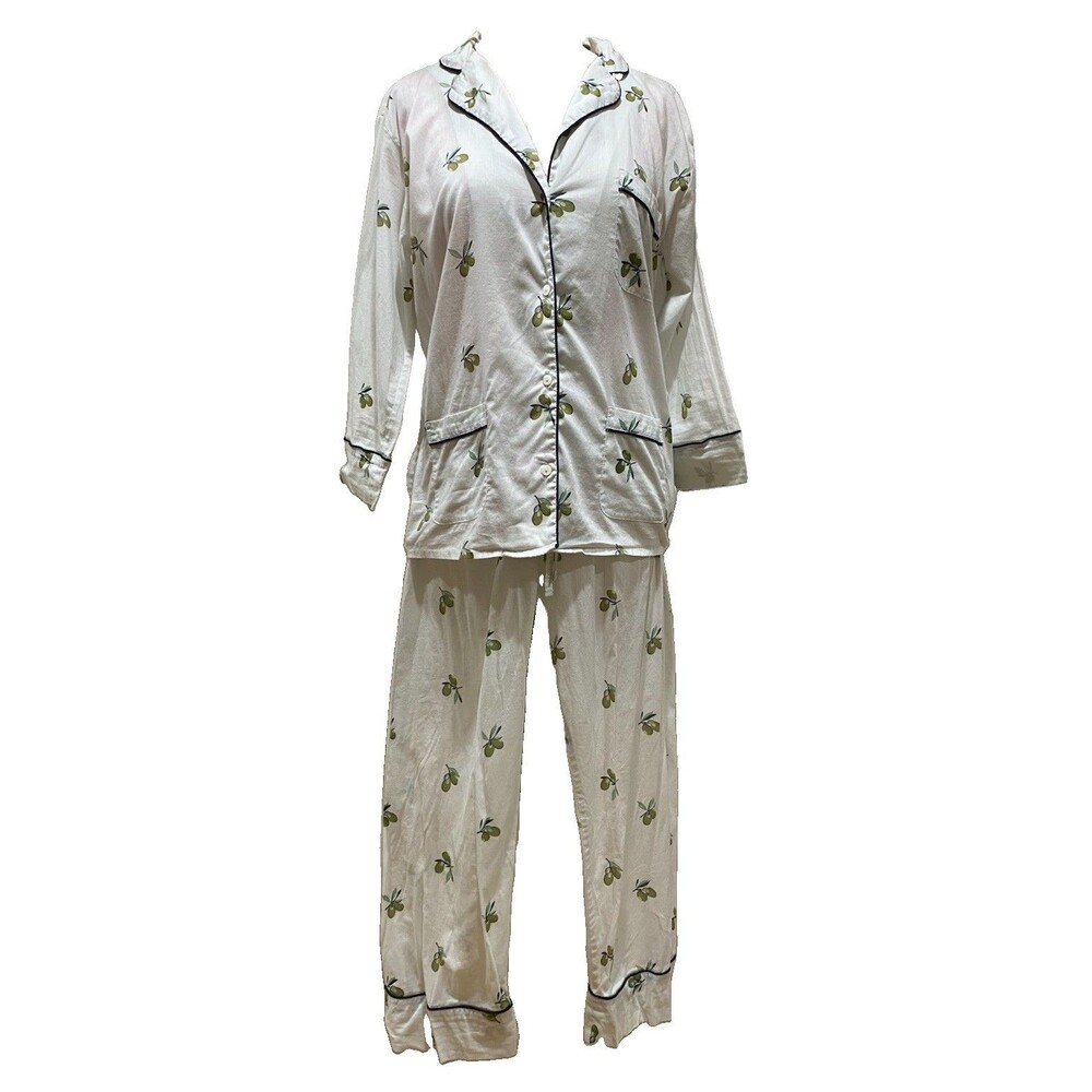 Pour Les Femmes Cropped Olive Print Pajama Set Sz S Egyptian Cotton Loungewear